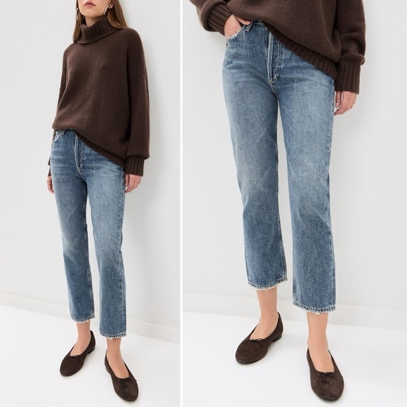 Agolde Riley Jeans 25 Denim Blue High Crop Straight Raw Hem Button Fly Classic - Picture 12 of 12